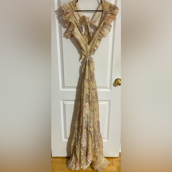H&M Cut Out V-Neck Frill Flowy Back Tie Floral Draping Maxi Dress Size Small - Picture 7 of 13